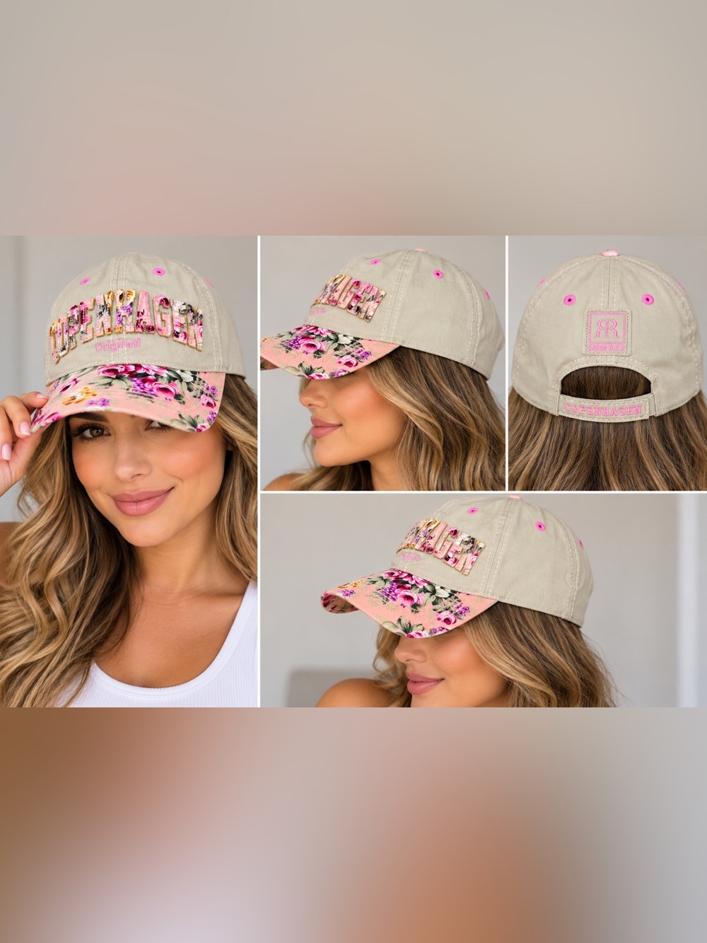 Robin Ruth Copenhagen Floral 3D Embroidered Baseball Cap Pink Beige NWOT